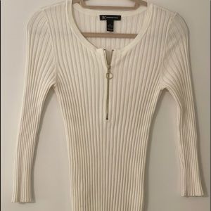 INC Ivory Skinny Ribbed 1/4 zip knit sweater